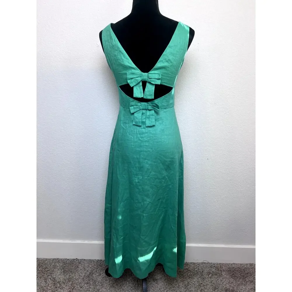 SALONI Rachel Cutout Bow Linen Midi Dress in Washed Green - Picture 4 of 7